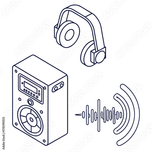 Isometric illustration featuring audio equipment, showcasing speaker, headphone, and sound wave