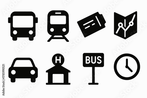 Public transportation icons: bus, train, ticket, map, car, station, bus stop, clock