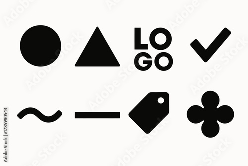 Minimalist icon set: circle, triangle, logo, checkmark, wave, line, tag, club