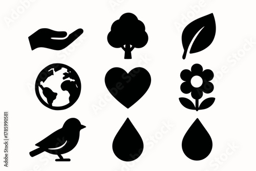 Set of nature icons: hand, tree, leaf, earth, heart, flower, bird, water droplets