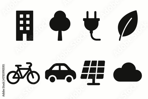 Sustainability icons: building, tree, plug, leaf, bicycle, car, solar panel, cloud