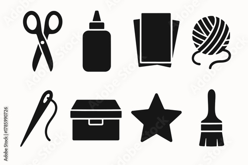 Black craft icons: scissors, glue, paper, yarn, needle, box, star, brush