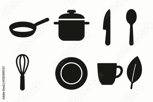 Kitchenware icons set: pan, pot, utensils, whisk, plate, cup, leaf