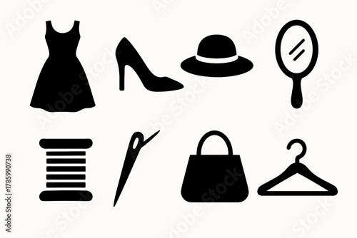 Fashion icons: dress, shoes, hat, mirror, sewing tools, accessories
