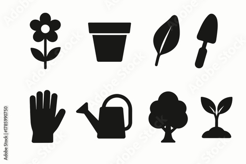 Gardening icons set: flower, pot, leaf, trowel, glove, watering can, tree, seedling