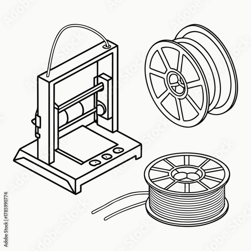 Isometric illustration of a 3d printer and spools of filament the printer is shown with a partially printed object on the print bed