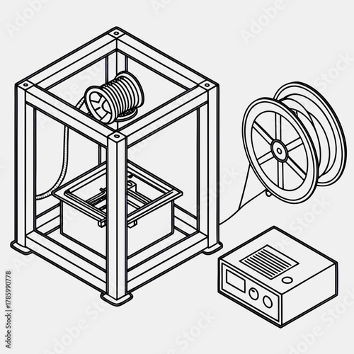 Isometric illustration of a 3d printer and spools of filament the printer is shown printing an object, with the filament feeding into the extruder