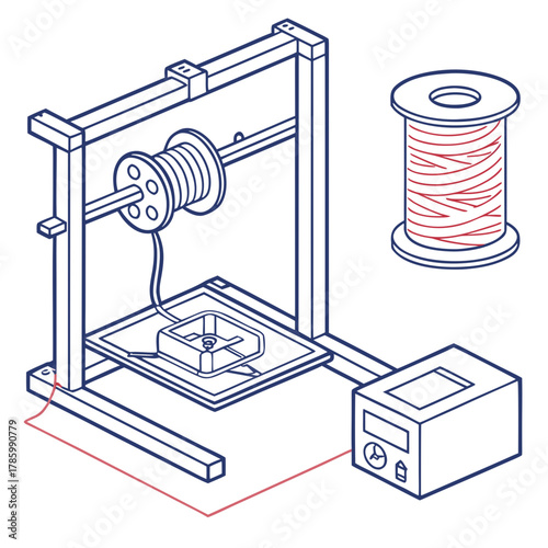 Isometric illustration of a 3d printer and spool of filament the printer is shown printing an object, with the filament feeding into the extruder