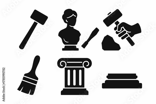 Artistic tools and sculpture silhouettes: chisel, bust, column, brush icons