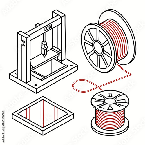 Isometric drawing of a 3d printer with filament spools and a printing bed, showcasing the technology and process