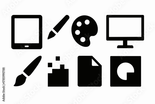 Digital art tools icons: tablet, stylus, palette, brush, monitor, paper