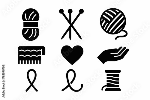 Knitting and crochet icons: yarn, needles, heart, and thread symbols