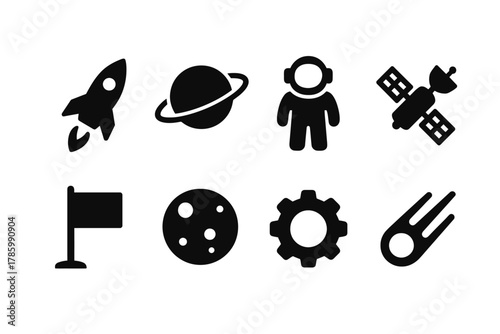 Space icons: rocket, planet, astronaut, satellite, flag, moon, gear, comet