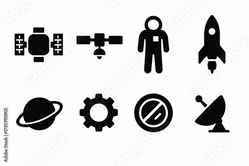 Space exploration icons including astronaut, rocket, satellite, and planetary symbols