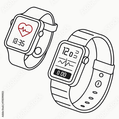 Two smartwatches with heart rate monitor modern health tracker with digital display showing time and pulse wearable technology for fitness and wellness