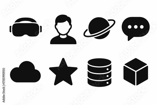 Virtual reality, technology icons, avatar, planet, cloud, database, cube symbols