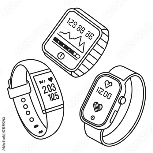 Collection of smartwatches and fitness trackers modern wearable technology for monitoring health, activity, and wellness digital devices for tracking pulse
