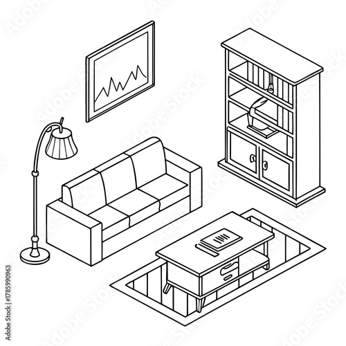 Isometric living room interior with sofa, bookshelf, coffee table, lamp and picture frame modern home furniture arrangement