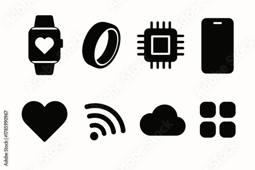 Set of black wearable tech and connectivity icons