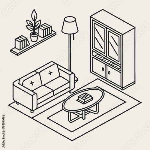 Isometric living room interior with sofa, cabinet, coffee table, lamp, shelf and plant modern home furniture arrangement