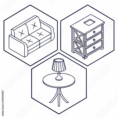 Isometric furniture set with sofa, nightstand and lamp modern home furniture arrangement in hexagon shape