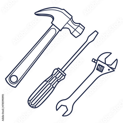 Line art illustration featuring a hammer, a screwdriver, and a wrench, all symbols associated with tools and construction