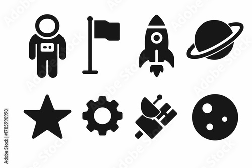 Space exploration icons set: astronaut, rocket, planet, and more in black silhouette design