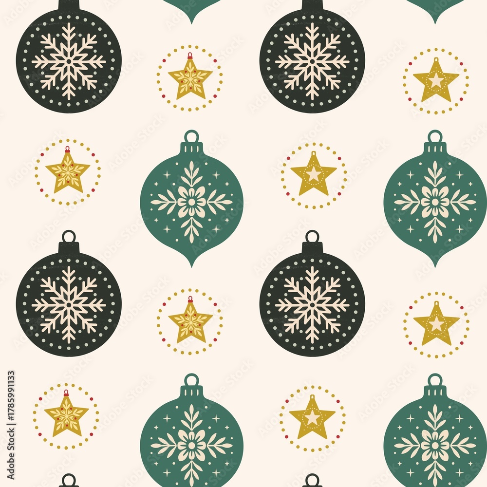 Fototapeta premium Christmas Snowflake Baubles and Stars Pattern