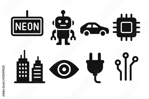 Set of futuristic icons: robot, car, chip, neon sign, buildings, eye, plug, circuits