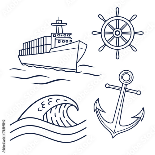Nautical elements a minimalist line art illustration featuring a cargo ship, ship wheel, anchor, and wave, evoking a sense of maritime adventure