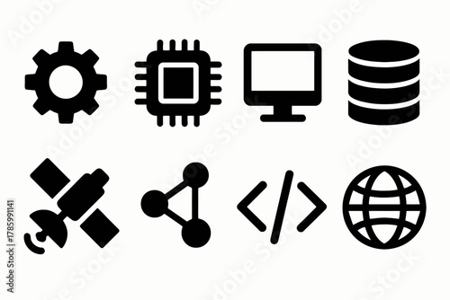 Technology icons: gear, chip, monitor, database, satellite, network, code, globe