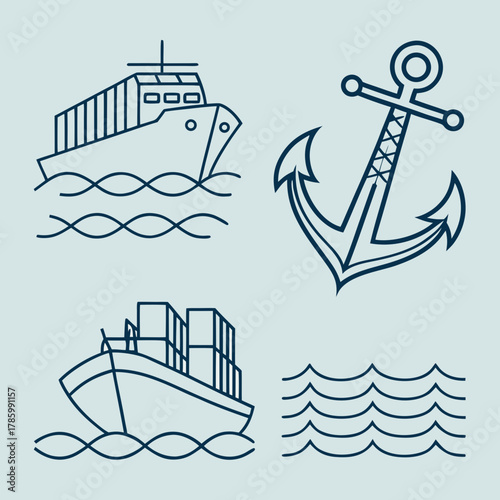 Nautical icons minimalist line art featuring cargo ships, anchors, and waves, symbolizing maritime transport and seafaring adventures in a clean design