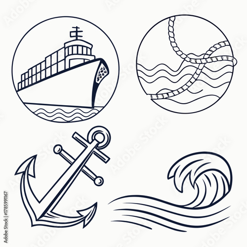 Nautical emblem a set of line art icons featuring a cargo ship, wave, anchor, and rope circle, representing maritime themes and seafaring adventures