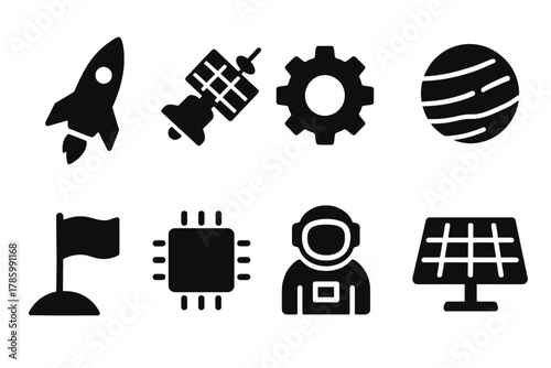 Space exploration icons: rocket, satellite, astronaut, planet, gear, flag, chip, solar panel
