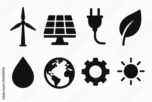 Renewable energy icons: wind turbine, solar panel, plug, leaf, water drop, earth, gear, sun