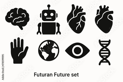 Futuristic icons: brain, robot, heart, hand, globe, eye, dna