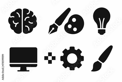 Creative tools and innovation icons: brain, pen, palette, lightbulb, computer, gear, brush