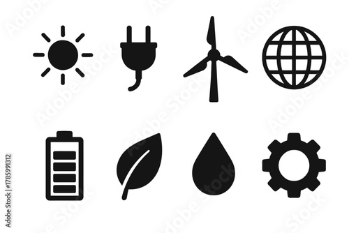 Renewable energy icons: sun, plug, wind turbine, globe, battery, leaf, water, gear