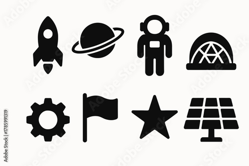 Space icons: rocket, planet, astronaut, observatory, gear, flag, star, solar panel