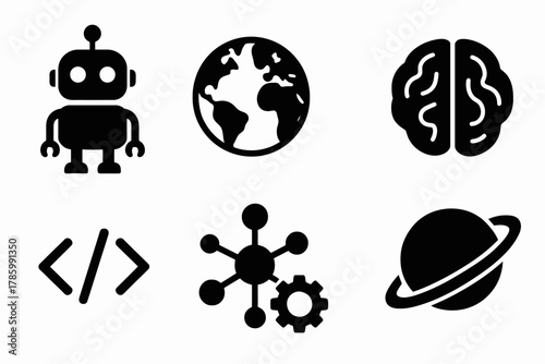 Set of technology icons: robot, earth, brain, code, network, planet