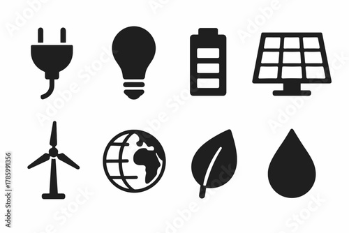 Sustainable energy icons: plug, bulb, battery, solar panel, wind turbine, earth, leaf, water