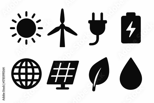 Set of renewable energy icons: solar, wind, battery, and environmental symbols
