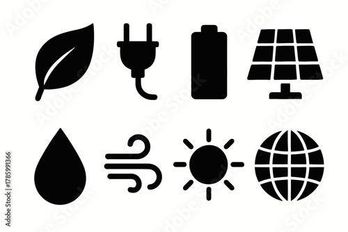 Eco-friendly icons: leaf, plug, battery, solar panel, water, wind, sun, globe