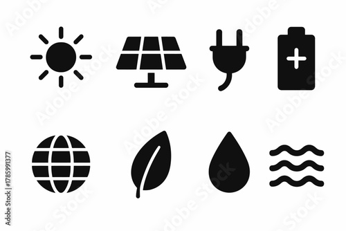 Sustainable energy icons: sun, solar panel, plug, battery, globe, leaf, water drop, waves