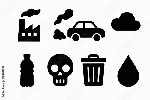 Environmental pollution icons: factory, car, cloud, bottle, skull, trash, drop