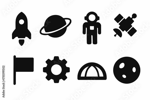 Space exploration icons: rocket, astronaut, planet, satellite, flag, gear, dome, moon