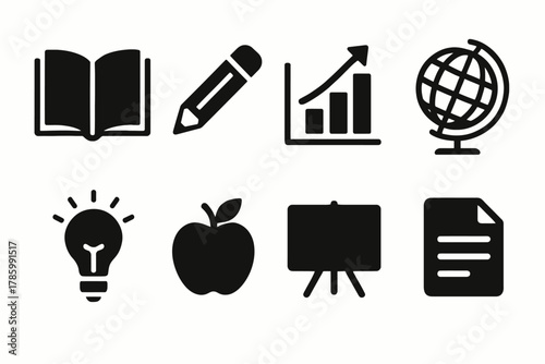 Education icons set featuring book pencil graph globe bulb apple easel document