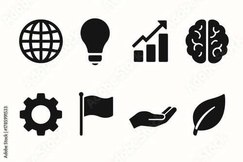 Global innovation and sustainability icons: globe, light bulb, graph, brain, gear, flag, hand, leaf