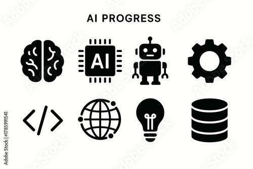 Ai progress: brain, microchip, robot, gear, code, globe, lightbulb, database icons