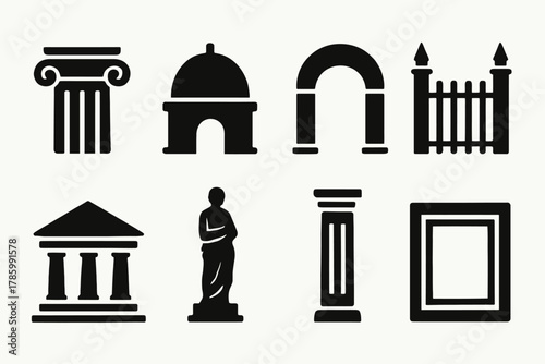 Classical architectural elements: columns, arches, statues, frames, and gates